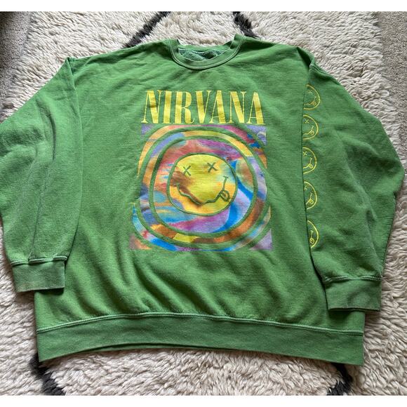 Urban Outfitters Nirvana Smile Oversized Crewneck Sz S/M green yellow - Picture 4 of 13